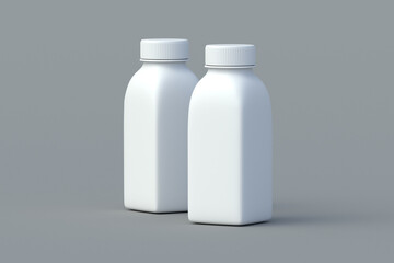 Two bottles for juice on gray background. Plastic container for liquid product. Blank packaging for beverage. 3d render