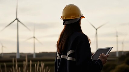 Harnessing Renewable Energy Woman in Hard Hat with Tablet Near Wind Turbines in Action - Powered by Adobe