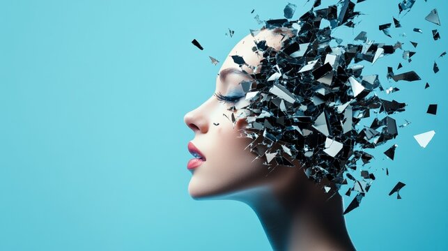 Profile of a woman with exploding head symbolizing information overload, stress, burnout, mental health issues, and migraine, against a vibrant teal background