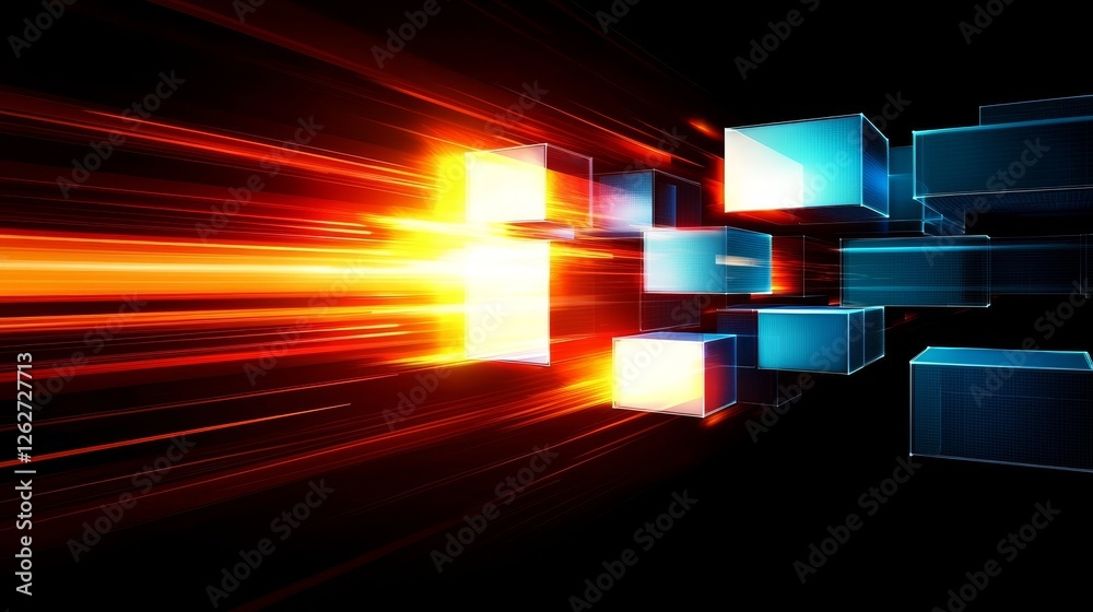Poster dynamic pattern featuring 3d illuminated boxes in space