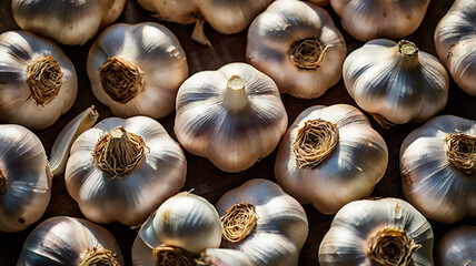 "Artistic Close-Up of Fresh Garlic Bulbs on Rustic Wooden Surface &ndash; Editorial AI Illustration for Culinary and Organic Food Concepts"
