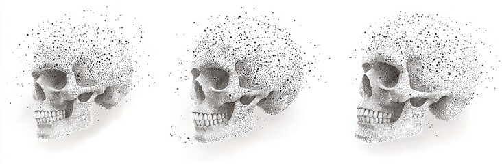 A skull with a halftone stipple effect, designed for a grunge punk y2k collage. A pop art style dotted skeleton head. A contemporary illustration for vintage emo gothic art banners, rock music