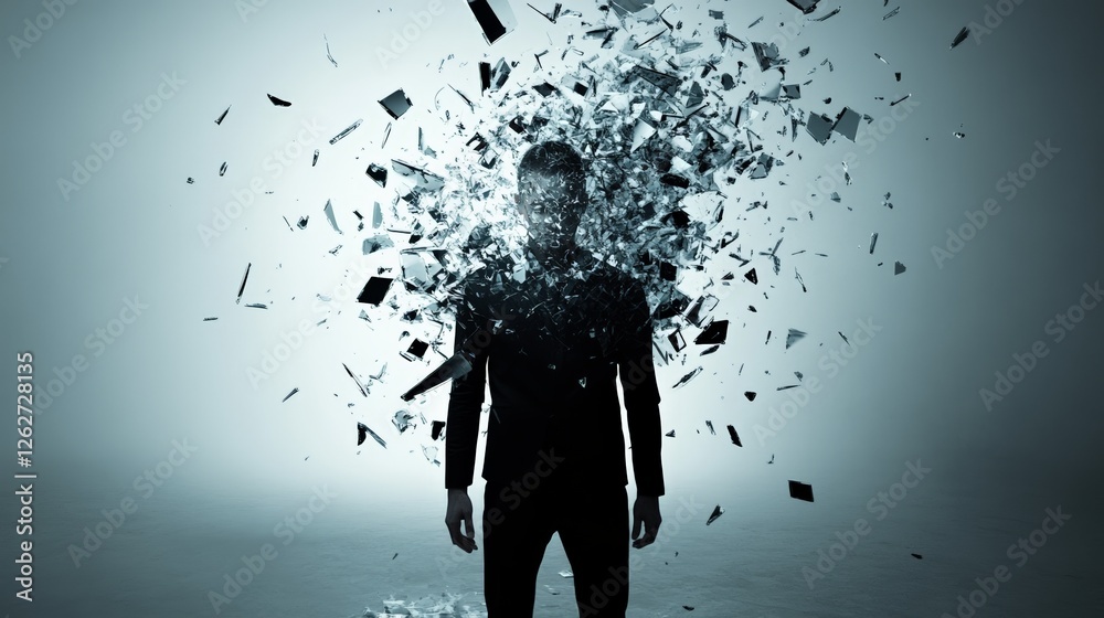 Poster glass shards exploding from businessman's head, representing mental health issues such as stress, bu