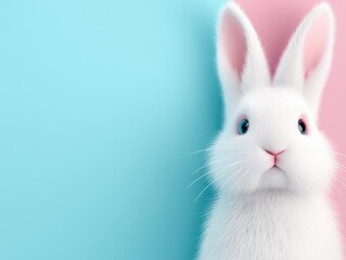 Obraz premium A cute white rabbit with expressive eyes sits against a pastel blue and pink background, exuding charm and playfulness.