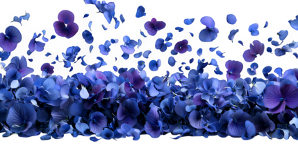 blue petals falling down on a transparent background, with butterflies PNG image, PNG file, Generative art.