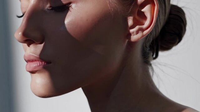 Close-up side profile of a serene woman with soft lighting, capturing natural beauty. Ideal for a skincare video. Angle emphasizes facial features.