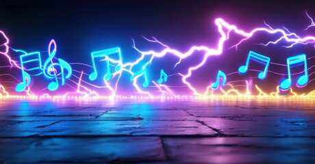 Glowing neon music notes float above a reflective floor, surrounded by electrifying purple and blue lightning bolts. Vibrant, energetic scene captures the essence of rhythm and sound