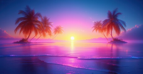 Naklejka premium Vibrant sunset over a tropical beach with glowing neon hues. Silhouetted palm trees sway on small islands as waves reflect pink, purple, and golden light, creating a dreamlike scene