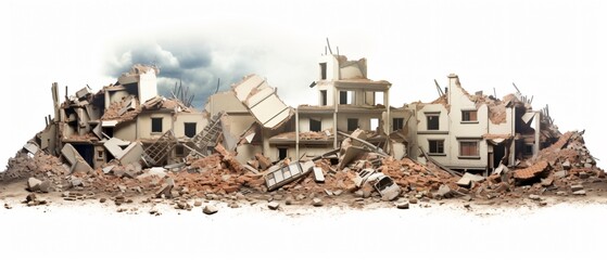 Ruined buildings post-earthquake on white background