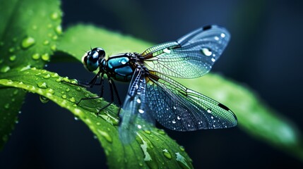 Morning Dew Dragonfly Perched on Plant Leaf