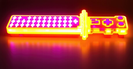 Glowing neon pixel sword fused with a retro game controller, emitting bright orange, pink, and yellow hues. Futuristic digital weapon design blending nostalgia and innovation