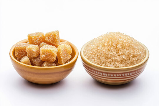 A bowl of gur or jaggery and another with rock sugar crystals on a white background