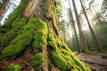 Fototapeta premium A tree trunk covered in vibrant green moss