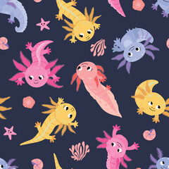 Naklejka premium Seamless pattern with axolotl. Design for fabric, textile, wallpaper, packaging 