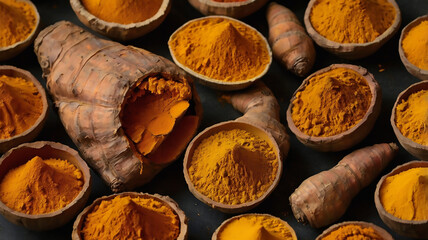 "Illustrative Editorial Image of Fresh Turmeric Roots and Ground Powder on Rustic Background &ndash; AI-Generated Culinary and Wellness Concept"

