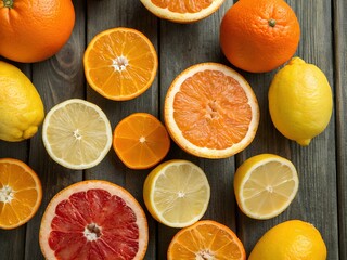 A variety of citrus fruits, including oranges, lemons, and grapefruits, are artfully arranged on a...