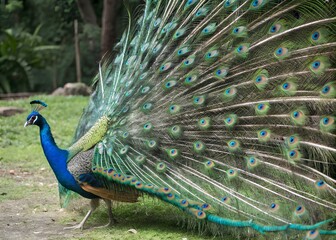 A striking peacock showcases its colorful plumage in a verdant garden while sunlight filters through the trees. The vivid hues mesmerize onlookers, creating a captivating sight.