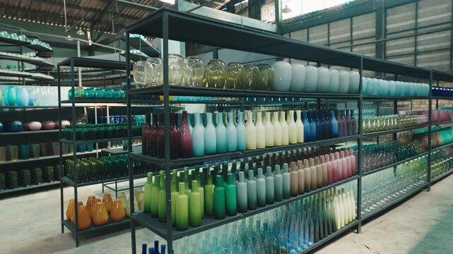 Stylish glass vases and bottles on racks in glassmaking factory storehouse. Minimalist fragile glassware collection in plant workshop. Decorative products on shop displays
