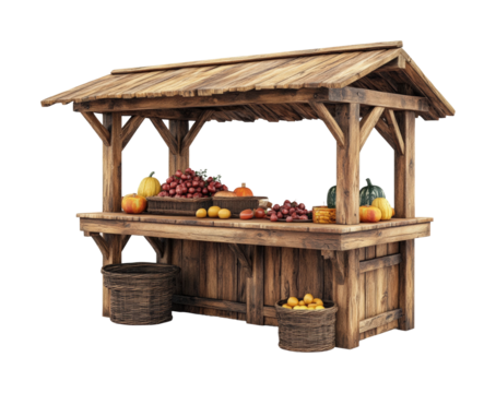 Farmers market stall outdoor wooden display isolated on transparent background - Generative AI