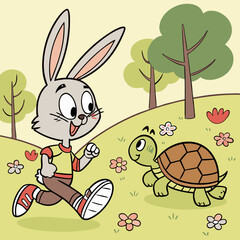 Cartoon Rabbit and Turtle Vector Illustration. Cute Animal Clipart & Digital Art.