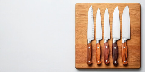 A set of five kitchen knives with wooden handles displayed on a wooden cutting board against a light background.
