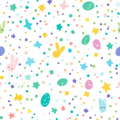 A joyful confetti Easter pattern with scattered stars, tiny dots, and colorful elements