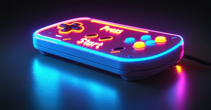 Glowing neon press start on a retro game controller with vibrant blue and pink lights. The nostalgic design and illuminated buttons evoke excitement and classic arcade gaming energy - Powered by Adobe