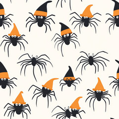 A playful spider pattern with tiny, round-bodied spiders wearing Halloween hats