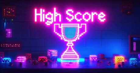 Neon high score with a pixelated trophy and arcade cabinet glow, emitting bright, colorful illumination against a dark background, creating a nostalgic, gaming-inspired scene
