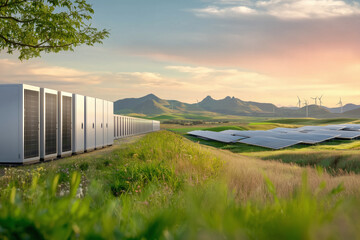Fototapeta premium clean modern server farm with solar panels and wind turbines in scenic landscape showcases renewable energy sources amidst lush green hills and vibrant sky