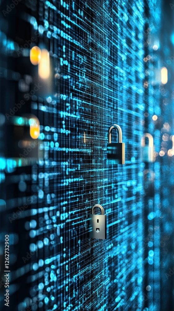Poster a digital representation of cybersecurity featuring floating locks amidst a backdrop of glowing bina