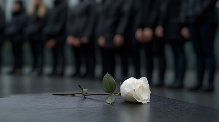 Pale rose resting on gravestone during somber funeral, grieving family members silently honoring lost loved one