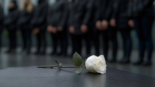 Pale rose resting on gravestone during somber funeral, grieving family members silently honoring lost loved one