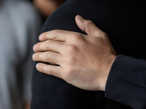 Grieving person receiving compassionate shoulder touch, providing emotional comfort during somber funeral moment of profound loss