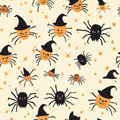 A friendly cartoon spider pattern with tiny, smiling spiders wearing witch hats