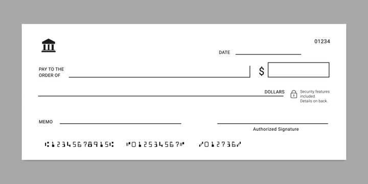 Bank check template. Business or personal account cash pay cheque certificate or paycheck coupon from checkbook, vector mockup.