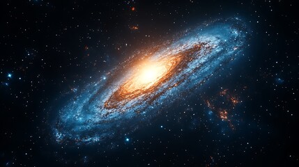 A vibrant depiction of the Andromeda Galaxy glowing brightly in the vast cosmos.
