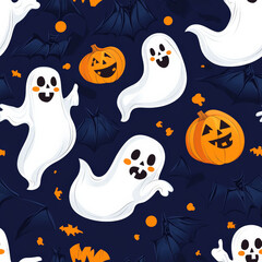 A funny Halloween ghost pattern with friendly ghosts playing with bats and pumpkins
