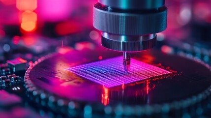 A microchip wafer is being processed with ultraviolet light, essential for photolithography in semiconductor manufacturing. Precision equipment plays a vital role in forming complex circuits.