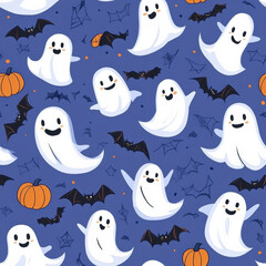 A funny Halloween ghost pattern with friendly ghosts playing with bats and pumpkins