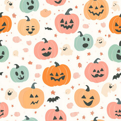 Obraz premium A cute pumpkin pattern with pastel-colored jack-o'-lanterns and tiny ghost friends