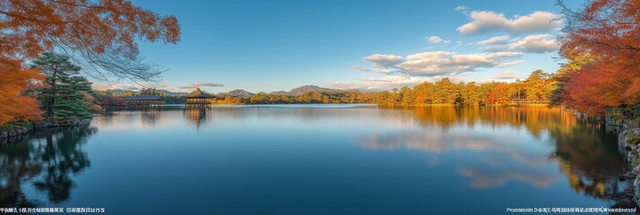 Fototapeta premium Autumn. Tranquil lake reflecting vibrant fall foliage and a traditional Japanese gazebo.