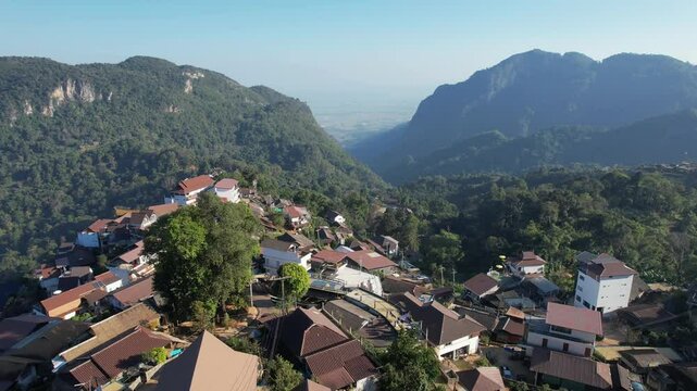 Aerial view from drone of the rural village in the mountains