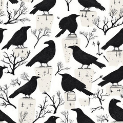 Obraz premium A haunted crow pattern with ominous birds perched on creepy gravestones