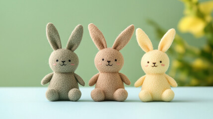 Fototapeta premium Soft pastel colored Easter plush toys, featuring cute bunny designs