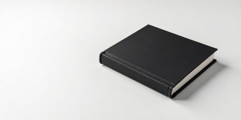 A simple black hardcover book rests on a white surface, ideal for showcasing your text or design