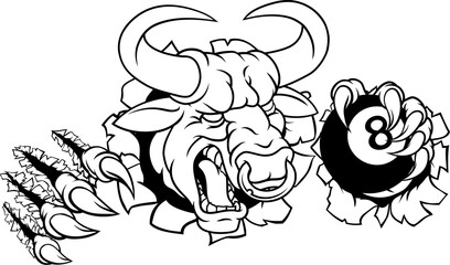 A bull or Minotaur monster longhorn cow angry mean pool mascot cartoon character.
