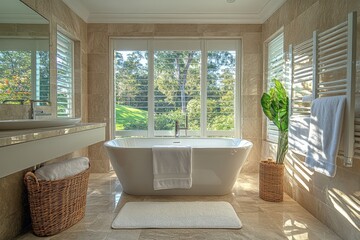 Fototapeta premium Luxurious bathroom with natural light and serene garden view in a modern home