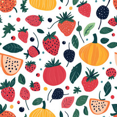 A vibrant seasonal fruit pattern featuring strawberries for spring, watermelons for summer, pumpkins for fall, and cranberries for winter