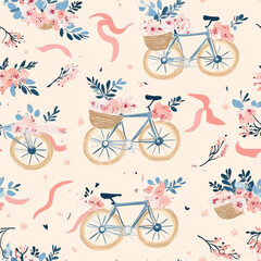 Fototapeta premium A charming bicycle ride pattern with flower baskets, fluttering ribbons, and a soft spring breeze